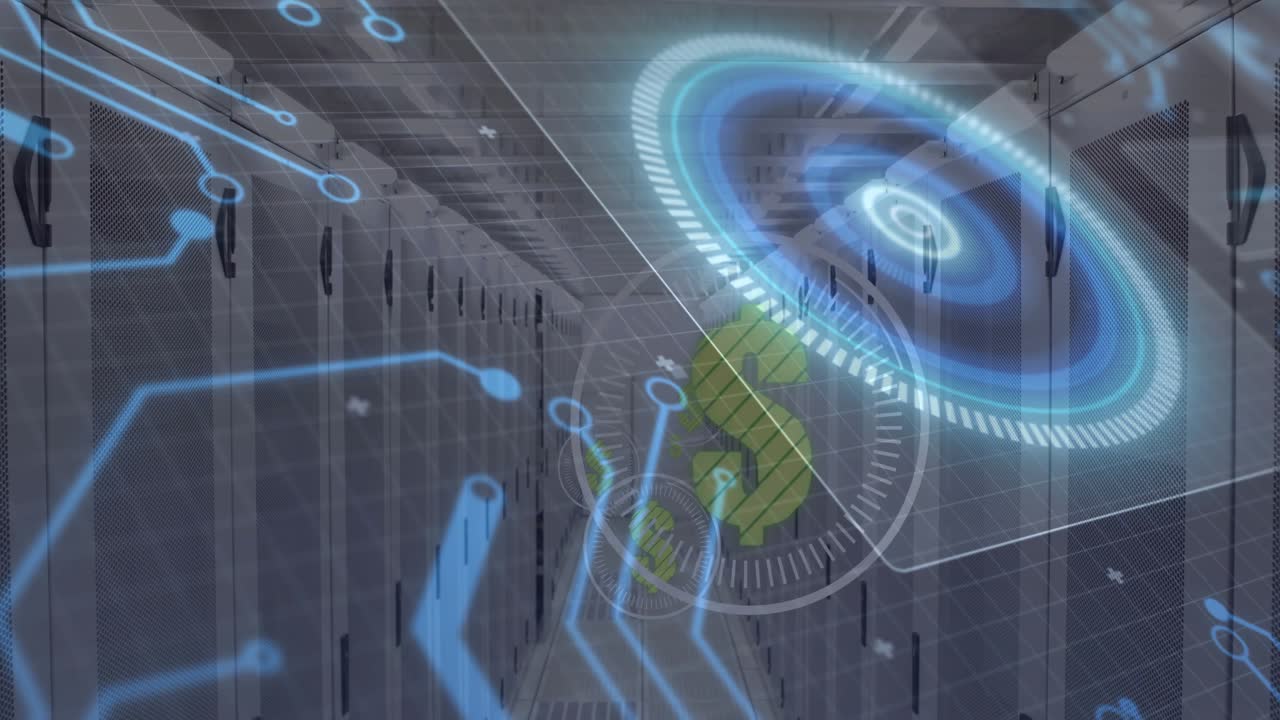 Grid appearing, HUD fading, ring pulsing, dollar emerging, circuits mapping cost over server racks