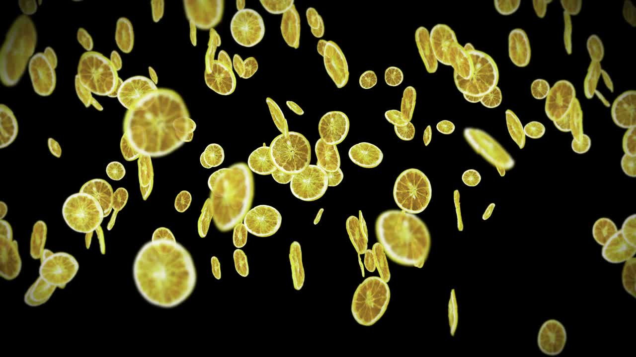 volando muchos limones secos en fondo negro. frutas deshidratadas, concepto de alimentos. animación 3d de frutas cortadas limones girando. animación de bucle.