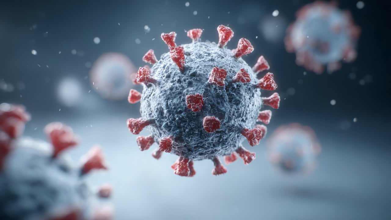 Visualizzazione ravvicinata di un virus da diverse angolazioni, che evidenzia le caratteristiche e le proprietà della superficie che ne illustrano la struttura e la complessità in microbiologia