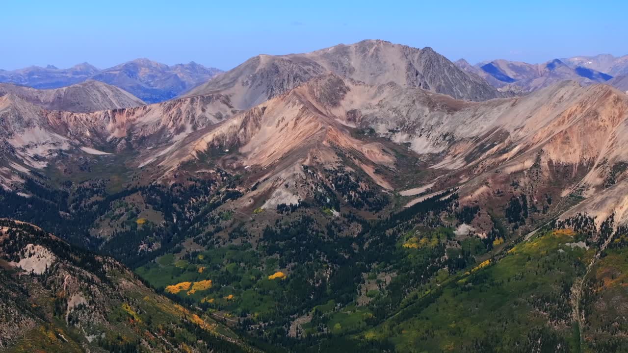 Collegiate Peaks summit 14er hike climb summer fall autumn Rocky Mountains Colorado drone aerial Winfield Ghost Town Huron Peak La Plata Buena Vista Aspen Trees sunny blue sky circle left motion
