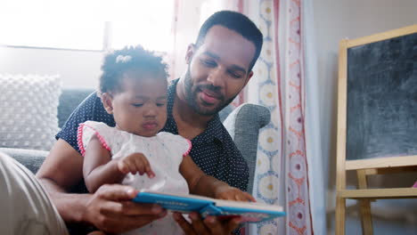 father sitting on floor and reading book with baby daughter at home