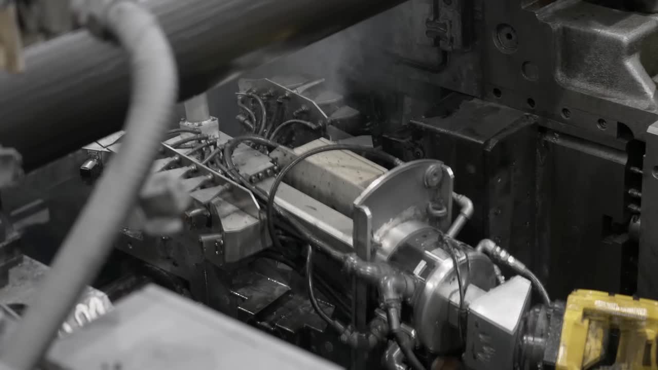 Macchina automatica per pressofusione ad alta pressione che spruzza lubrificante e chiude gli stampi per formare componenti automobilistici complessi.