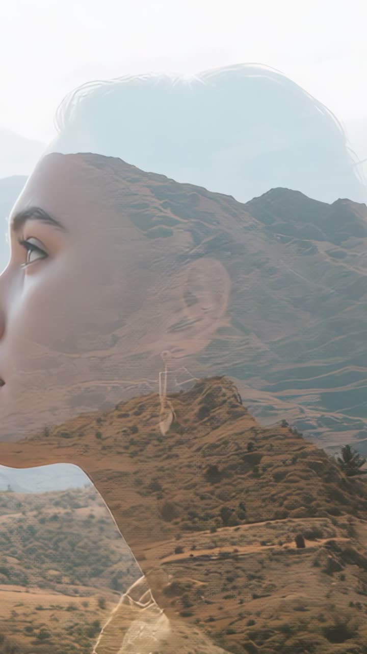 Vertical video: Merging Hispanic woman with sunlit mountains and bright sky in studio, copy space