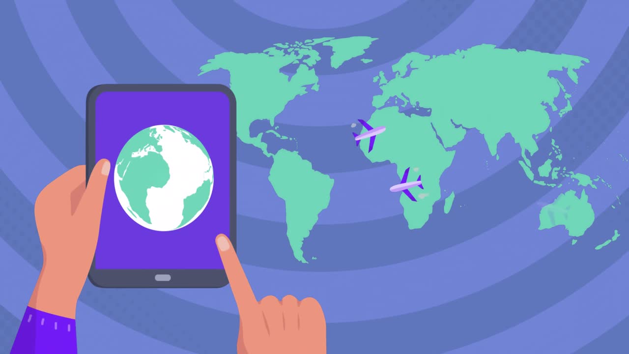 animación del mapa del mundo sobre las manos usando una tableta