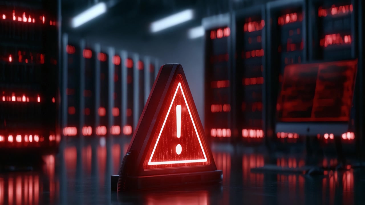 Warning Alert in Server Room: Illuminated Red Hazard Sign Signals Potential Issues in Data Center Environment with Servers and Monitors in Background