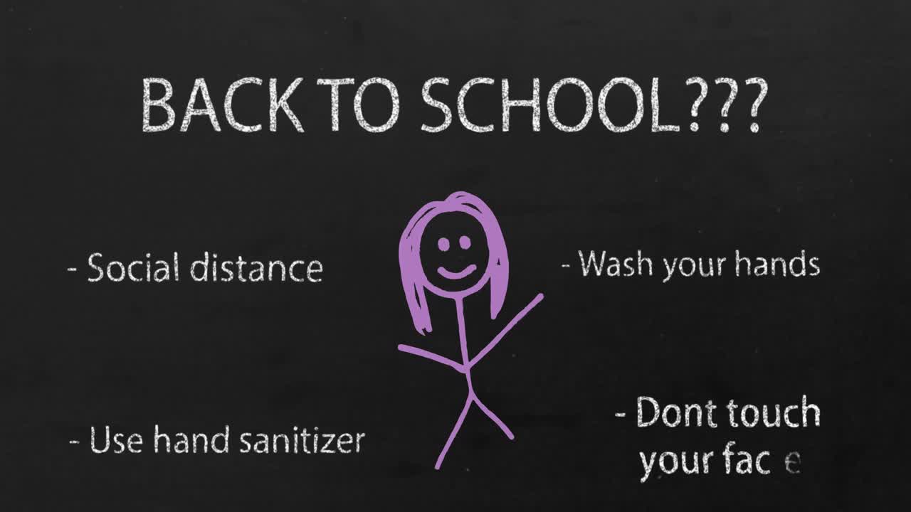 검은 바탕에 있는 아이의 그림에 반대하는 학교 텍스트와 코로나바이러스 개념 텍스트로 돌아갑니다.