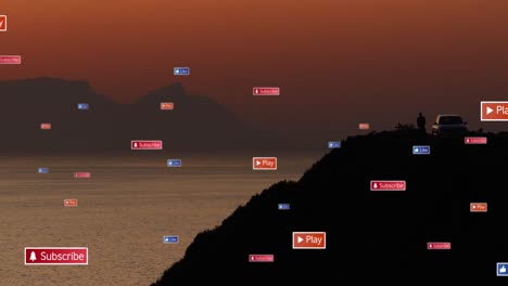 animación de iconos de las redes sociales sobre el atardecer y el paisaje marino