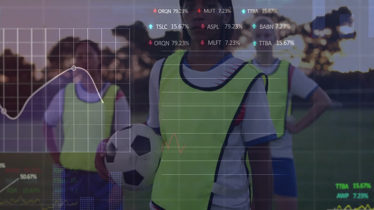 Holding soccer ball, youth players with financial data and animation overlay