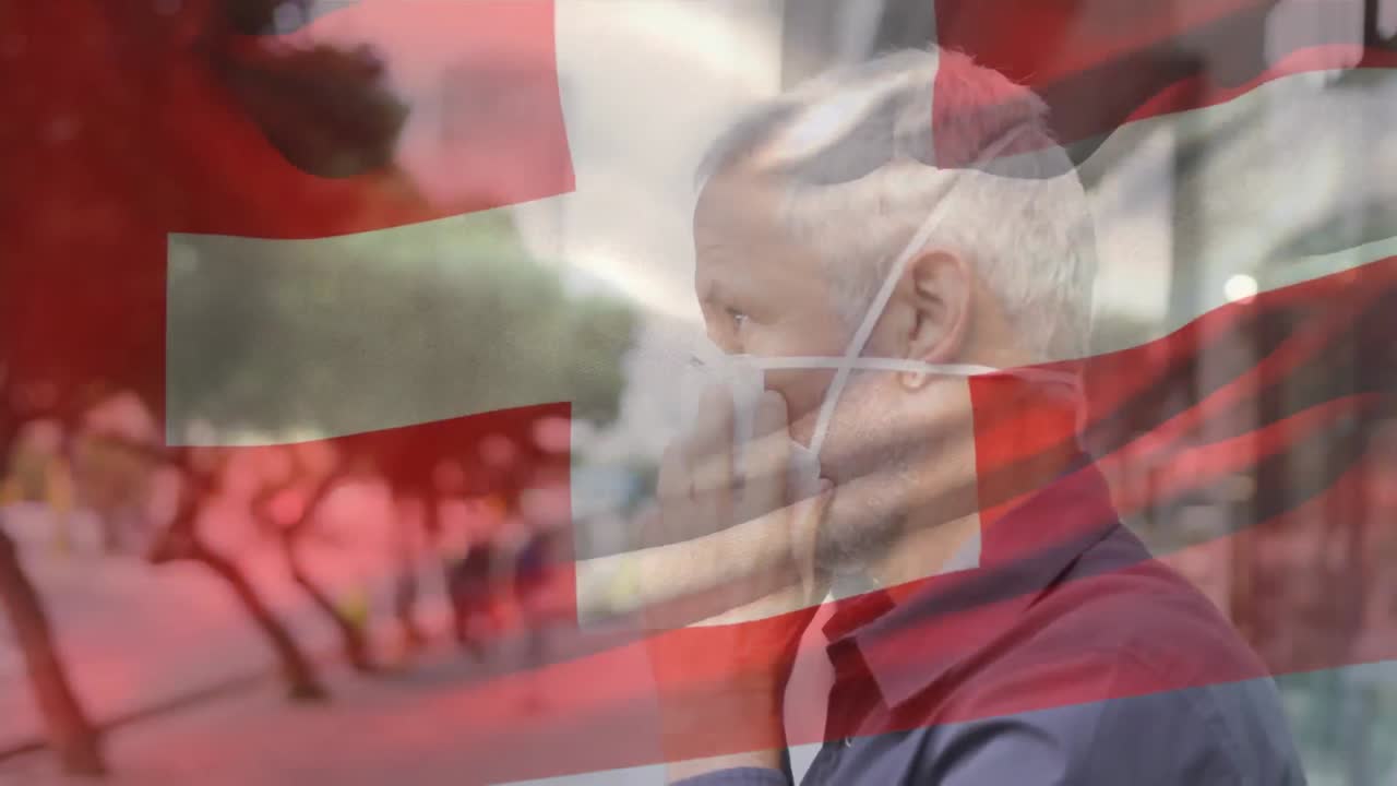 도시 거리에서 얼굴 마스크를 쓴 백인 남자가 스위스 국기를 흔들고 있는 애니메이션