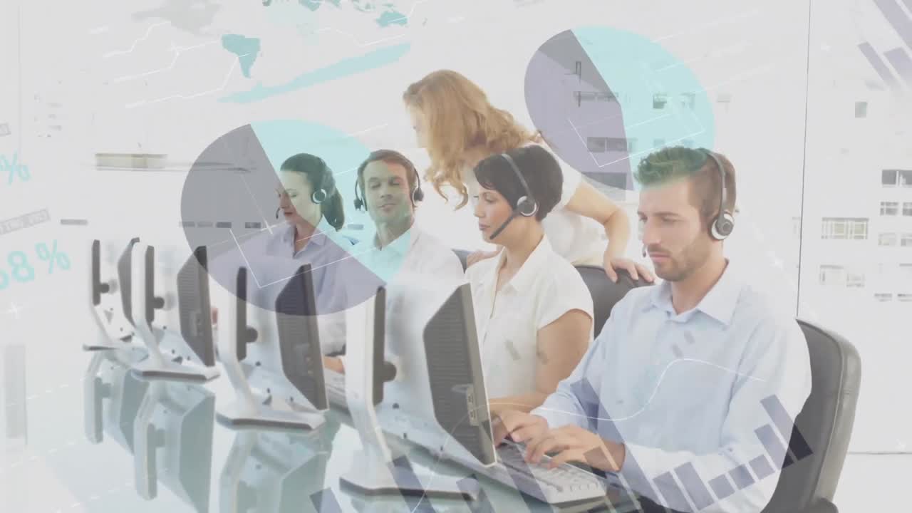 휴대폰 헤드 ⁇ 을 착용한 사업가들에 대한 통계 및 데이터 처리 애니메이션