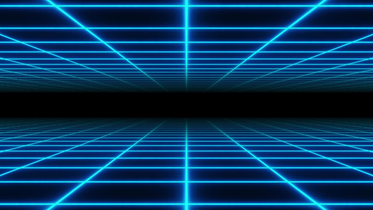 4K video animation loop. Seamless loop of an endless grid corridor with glowing blue lights.