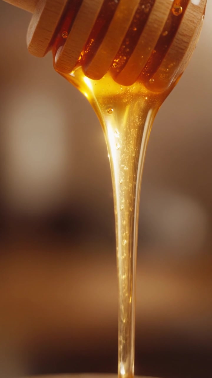 Miele dorato che cola da un dosatore di miele in legno