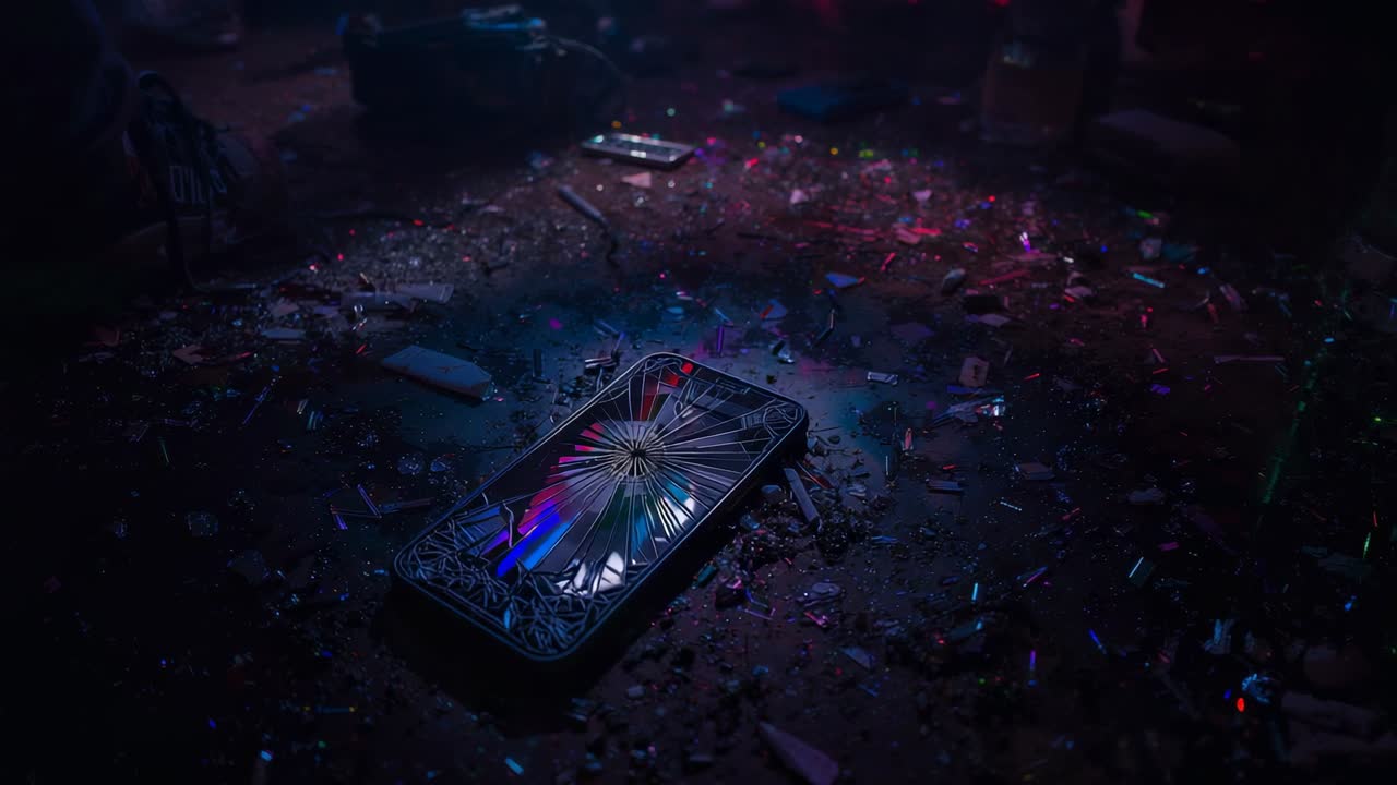 Catching blue pink light, shattered smartphone with ornate case lying on foil floor near lighter