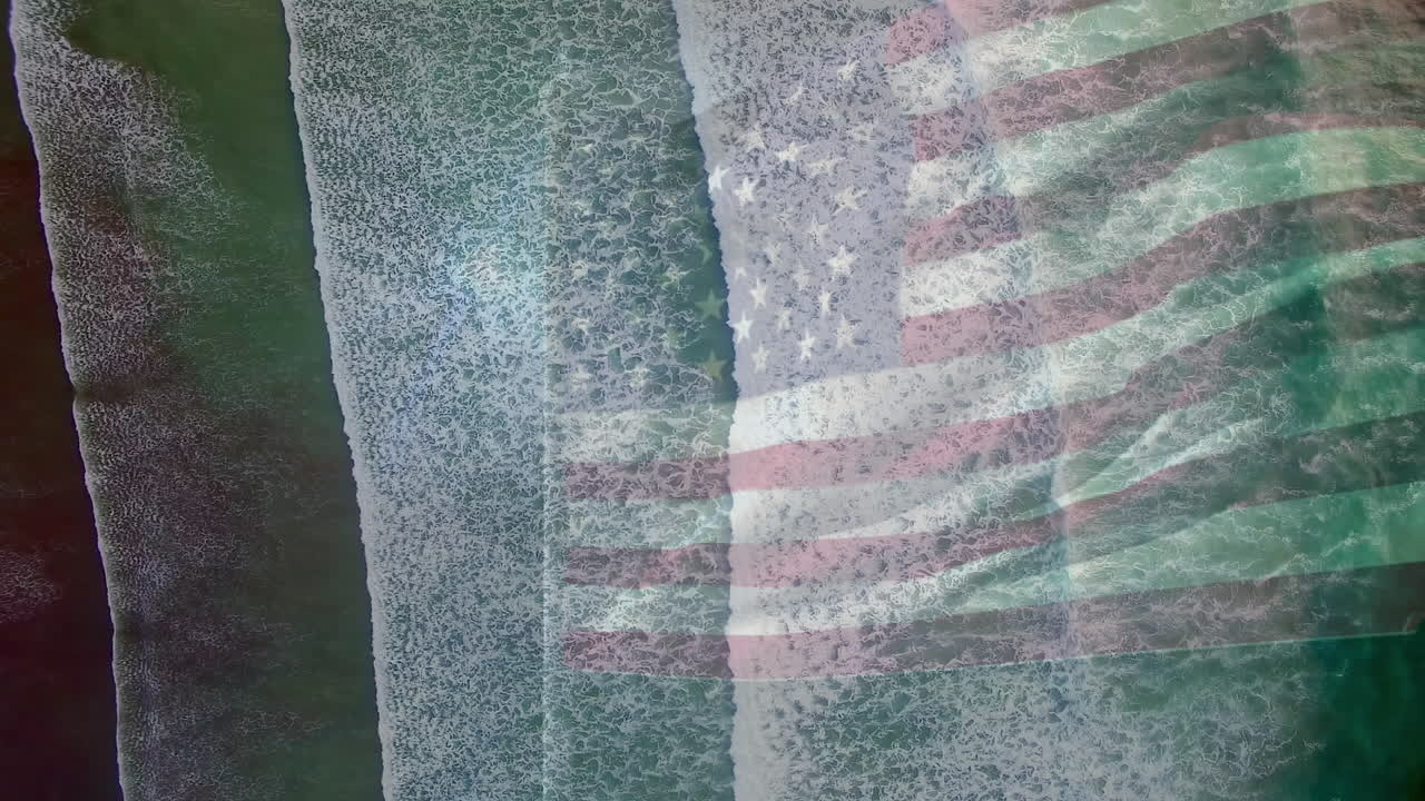 composición digital de agitarnos la bandera contra la vista aérea de las olas del mar
