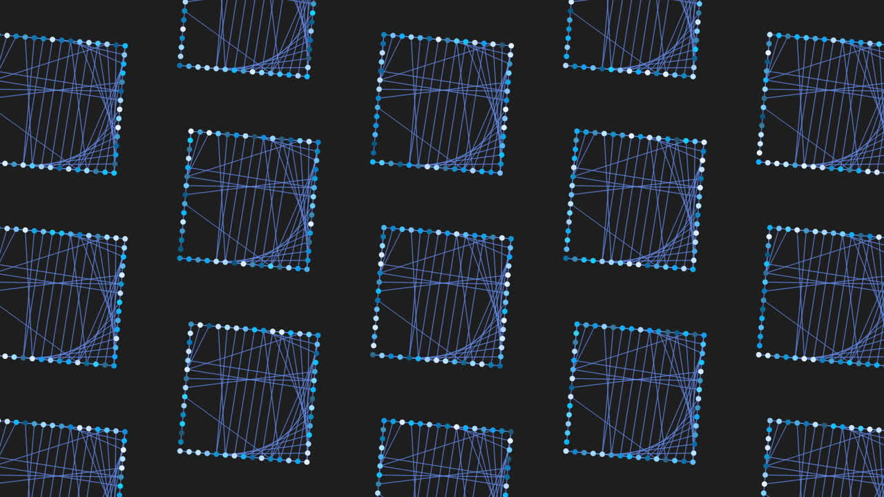 An abstract image featuring a pattern of black, blue, and green lines made of dots alongside squares and rectangles, creating a visually striking geometric design