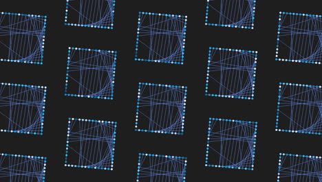 an abstract image featuring a pattern of black, blue, and green lines made of dots alongside squares and rectangles, creating a visually striking geometric design