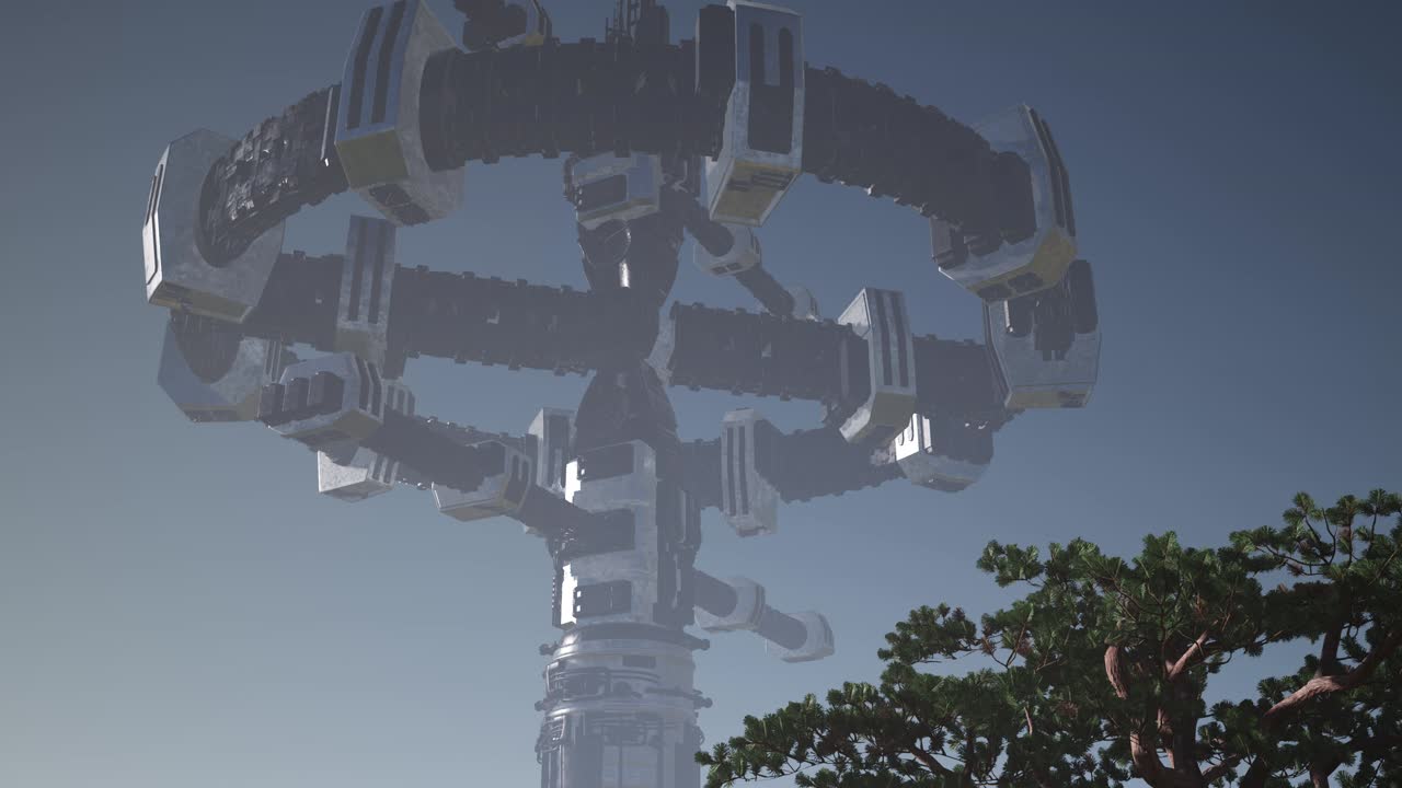 외계인 우주선이 사막 위를 회전하고 있습니다.