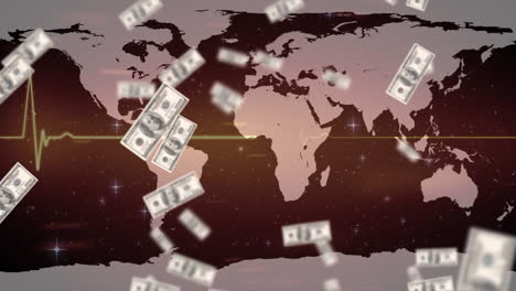 animation of american dollar banknotes floating over heart rate monitor and world map