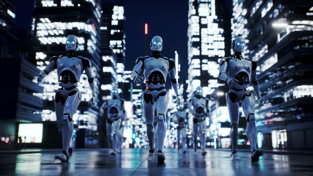 A Gathering of Advanced Robots Marching Through a Futuristic City at Night, Showcasing Their Cutting-Edge Design and Technology Against a Vibrant Urban Backdrop