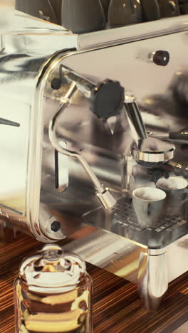 close-up of a shiny, stainless-steel espresso machine with two coffee cups on the drip tray