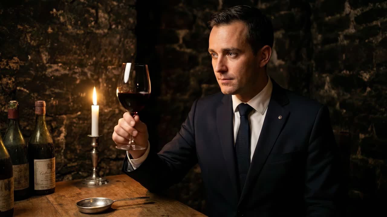 Um sommelier degustando vinho em uma adega