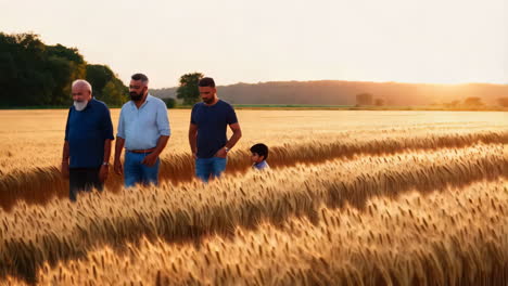 family enjoying a golden wheat field at sunset