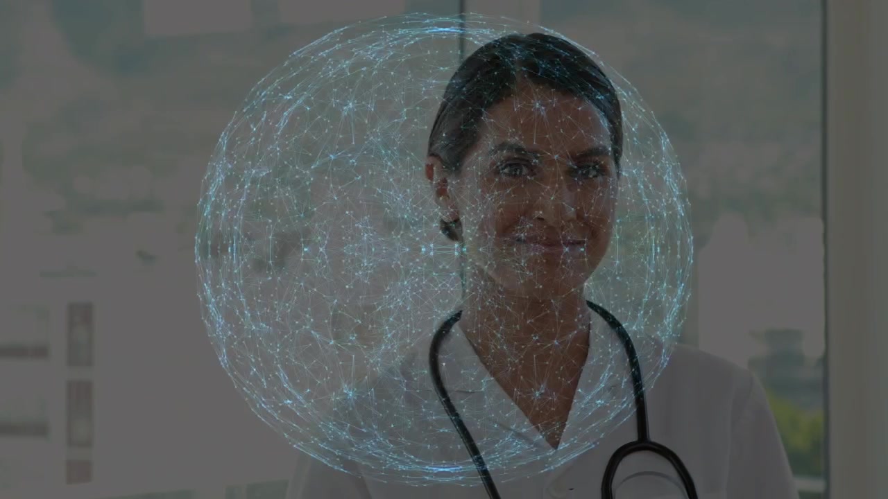 Animación de red de conexiones sobre una doctora.