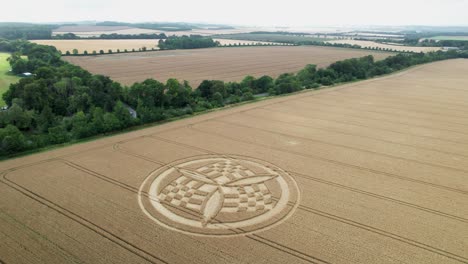 South-Wonston-crop-circle-2023-aerial-view-looking-down-rising-over-golden-Hampshire-wheat-field-hoax-vandalism