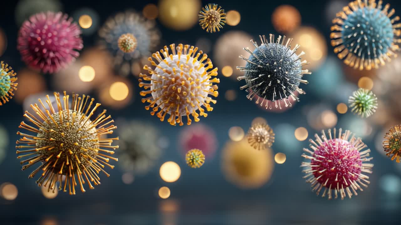 Dynamisk visualisering af farverige mikroorganismer: En kunstnerisk fremstilling af virus i bevægelse mod en blødt sløret baggrund med bokeh-effekter