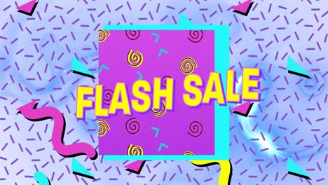 Animation-of-flash-sale-text-in-yellow-letters-over-brightly-coloured-retro-pattern