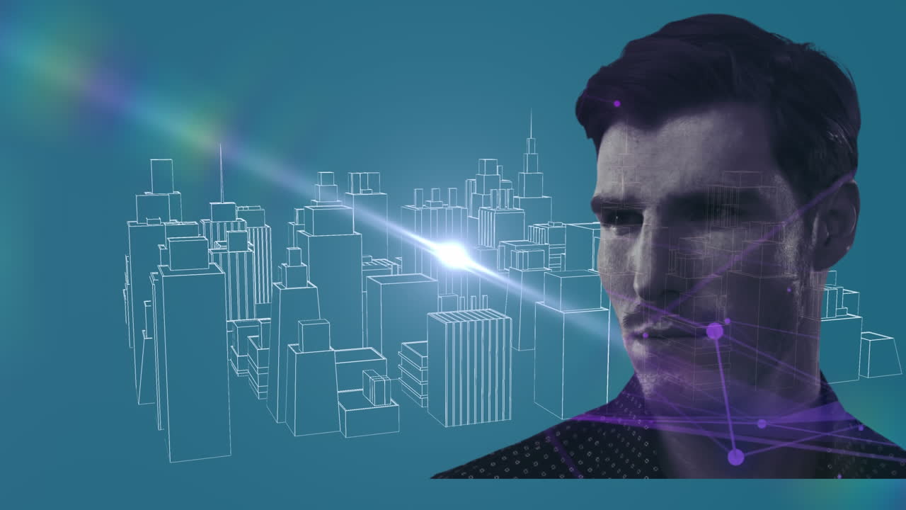 Network of connections over man against 3D city model
