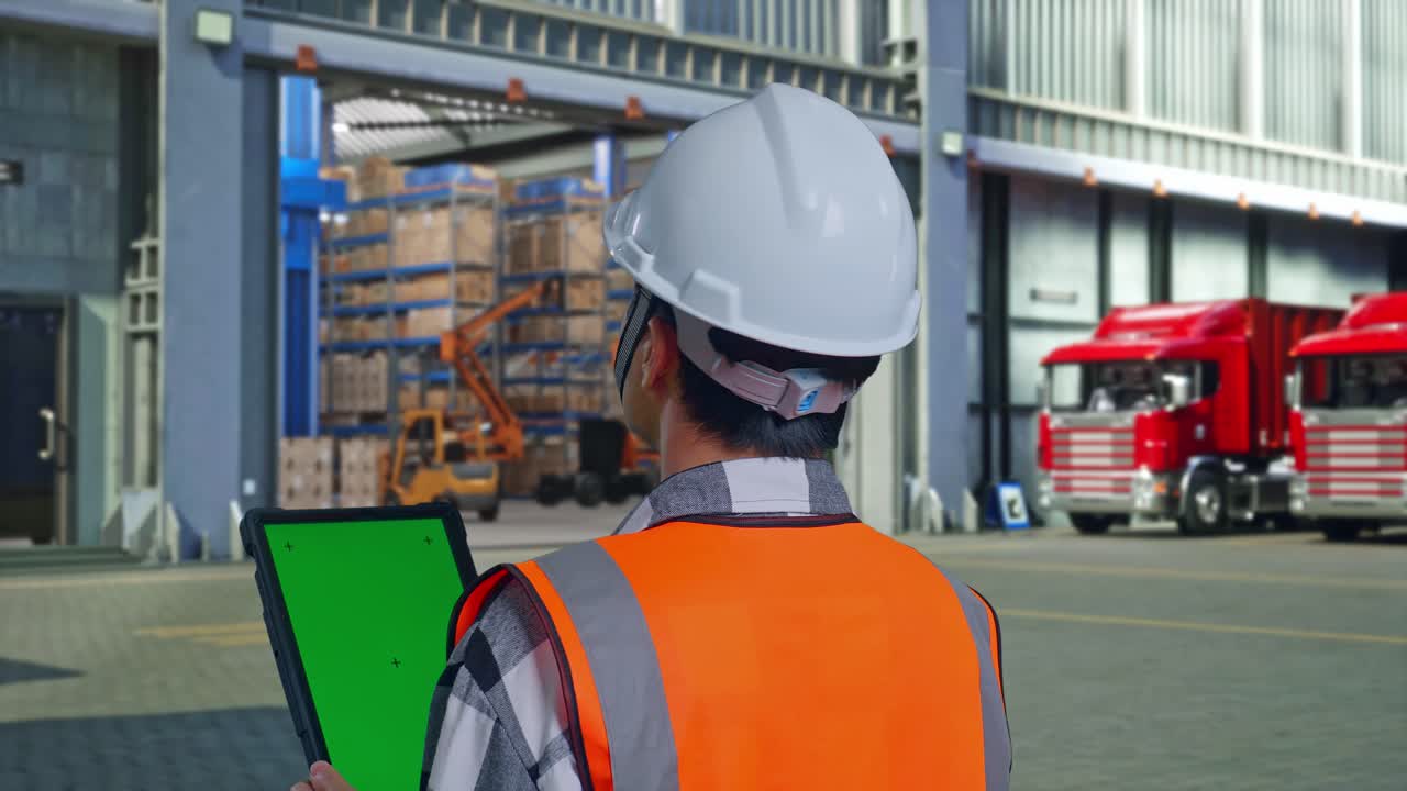 Close Up Back View Of Asian Male Engineer With Safety Helmet Working On A Green Screen Tablet And Looking Around While Standing , Outside of Logistics Distributions Warehouse