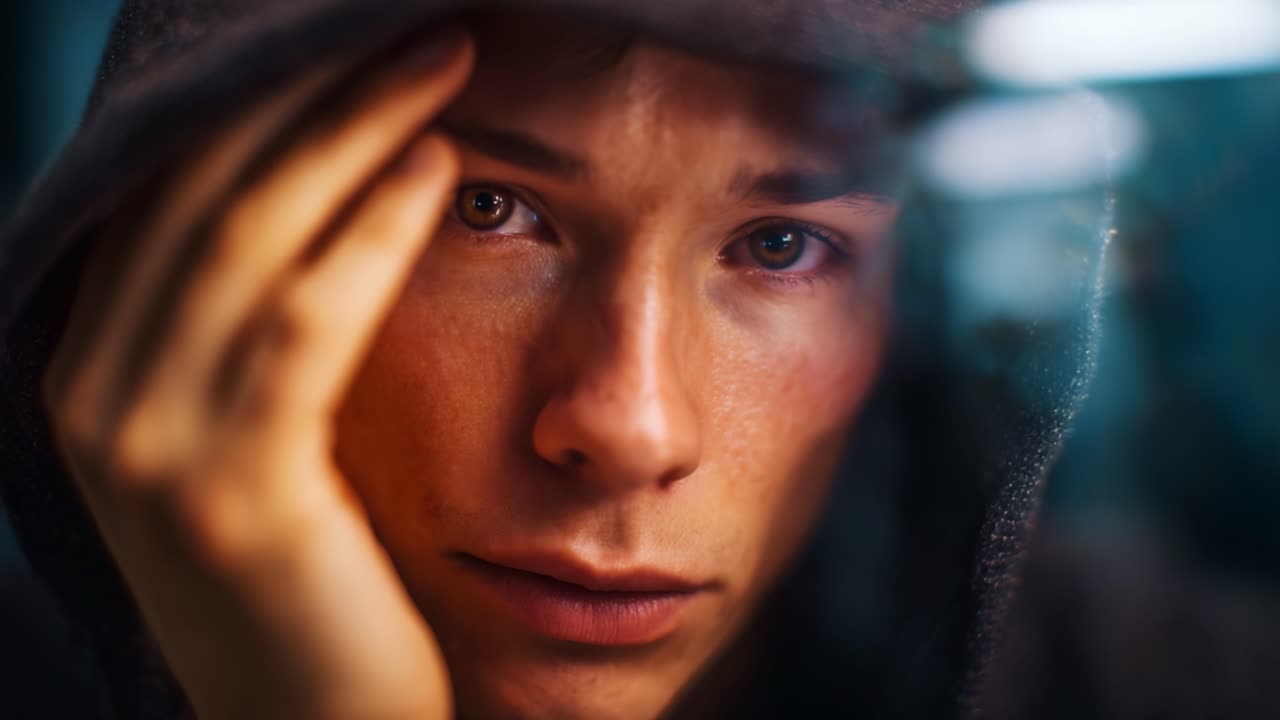 Un giovane pensieroso che guarda attraverso un vetro, mostrando emozioni di riflessione, introspezione e connessione in un momento affascinante di solitudine e pensiero