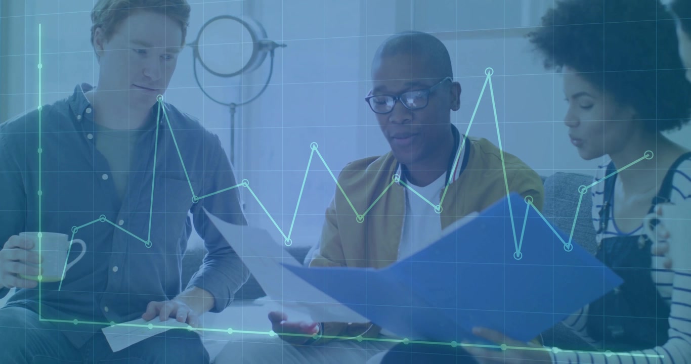 Group colleagues studying documents and folder when data chart overlay animating business insights