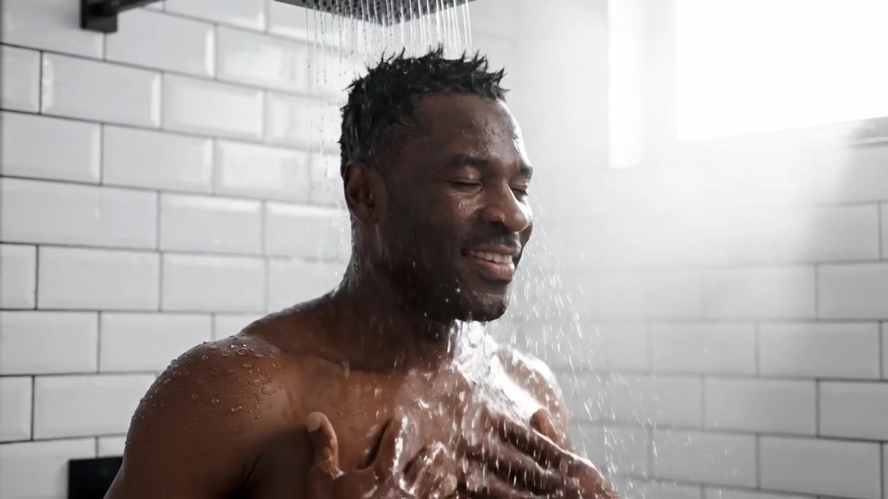 Experience the Refreshing Moment of Cleansing as Water Drips Down, Capturing the Joy and Relaxation of a Shower in a Bright, Modern Bathroom Setting