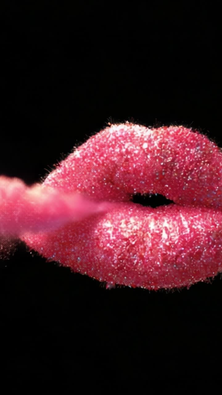Uno splendido primo piano di labbra rosa scintillanti e luccicanti che esalano una nebbia colorata su uno sfondo nero elegante, evidenziando bellezza ed espressione artistica.