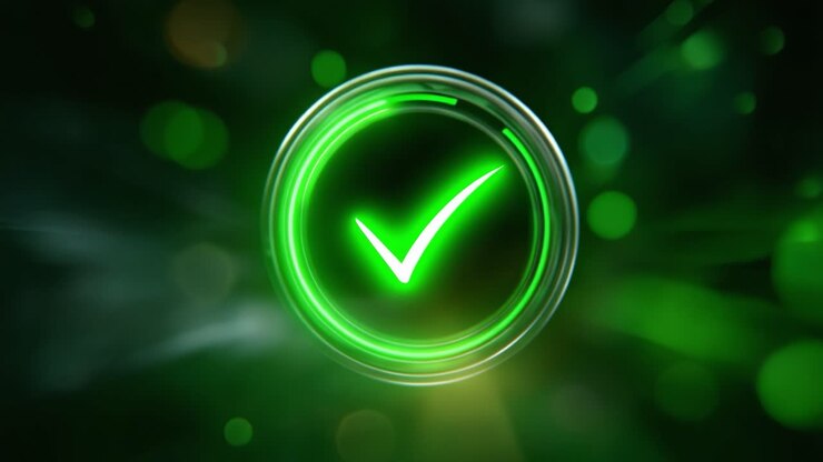 Bright Green Checkmark Symbolizing Success and Completion in a Futuristic Glow Background with Radiating Light Effects