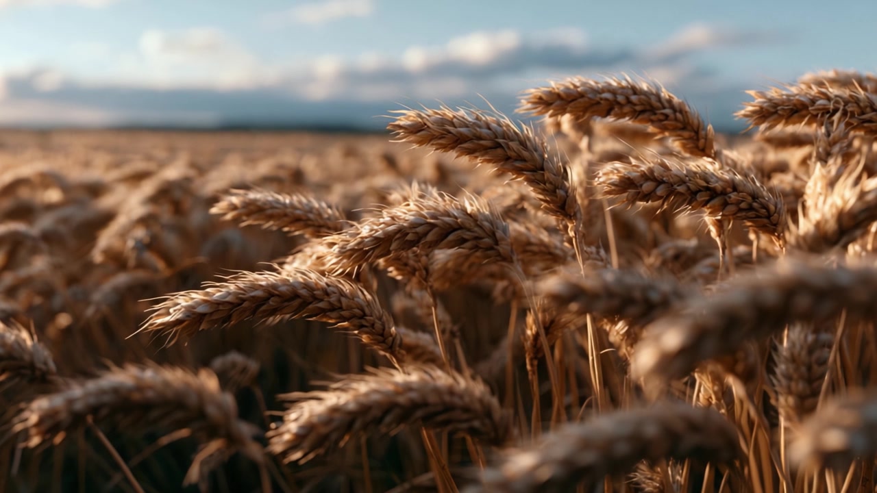 Campo de Trigo Dourado ao Entardecer: Uma Paisagem Serena de Espigas de Trigo Cintilando na Luz do Entardecer Sob um Belo Céu