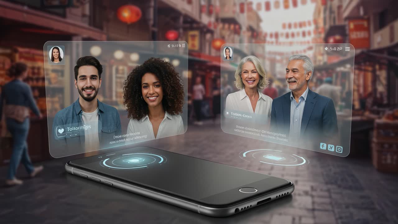 Innovative Digital Communication: A Smartphone Showcases Virtual Interactions with Engaging Profiles in a Vibrant Market Setting