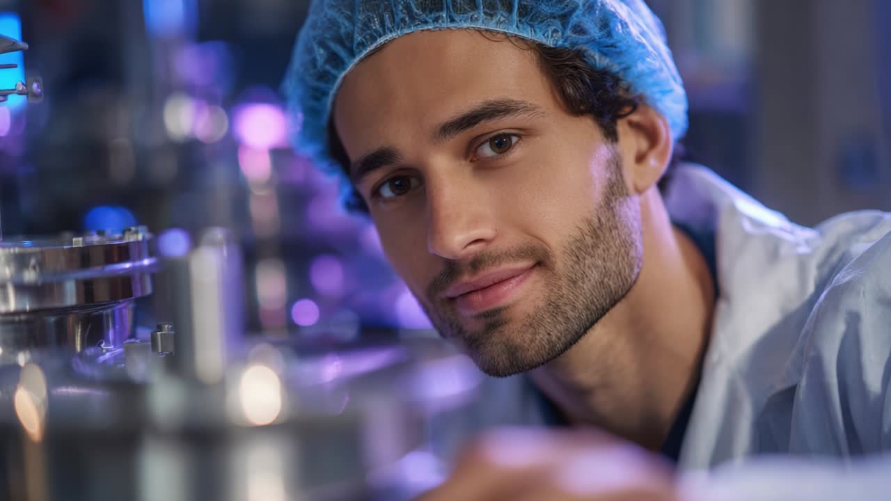 En fokusert person i et laboratoriemiljø som bruker hårnett og en hvit laboratoriefrakk, som representerer dedikasjon til forskning og innovasjon i et moderne vitenskapelig miljø fylt med avansert utstyr