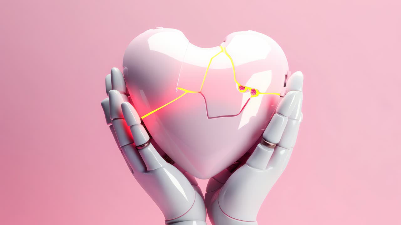 Futuristic video concept with a close-up angle of robotic hands holding a glowing heart