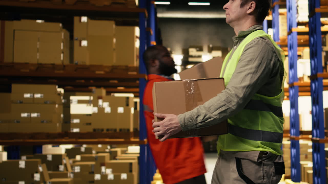 Trabajador de centro de distribución transportando cajas de almacenamiento y asegurando la carga para su despacho.