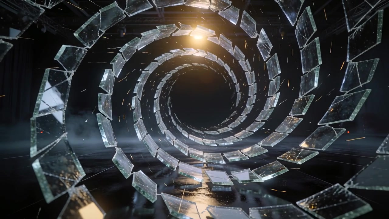 Advancing camera showing glass spiral panes rotating toward void on wet floor, with warm light