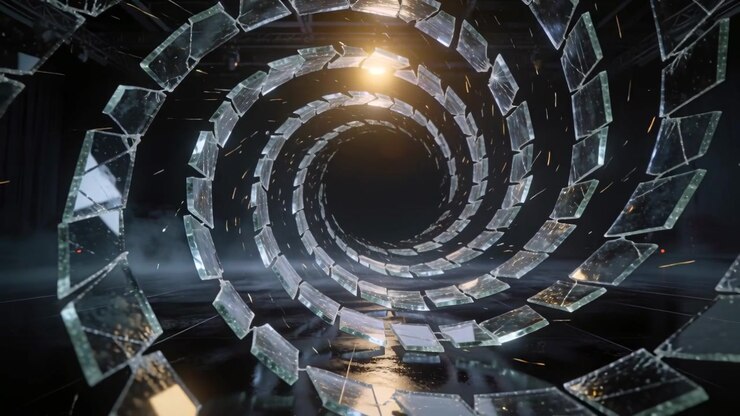 Advancing camera showing glass spiral panes rotating toward void on wet floor, with warm light