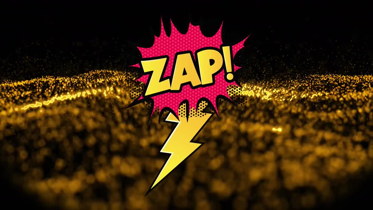 Animation von Zap-Text über orangefarbenen Punkten auf schwarzem Hintergrund