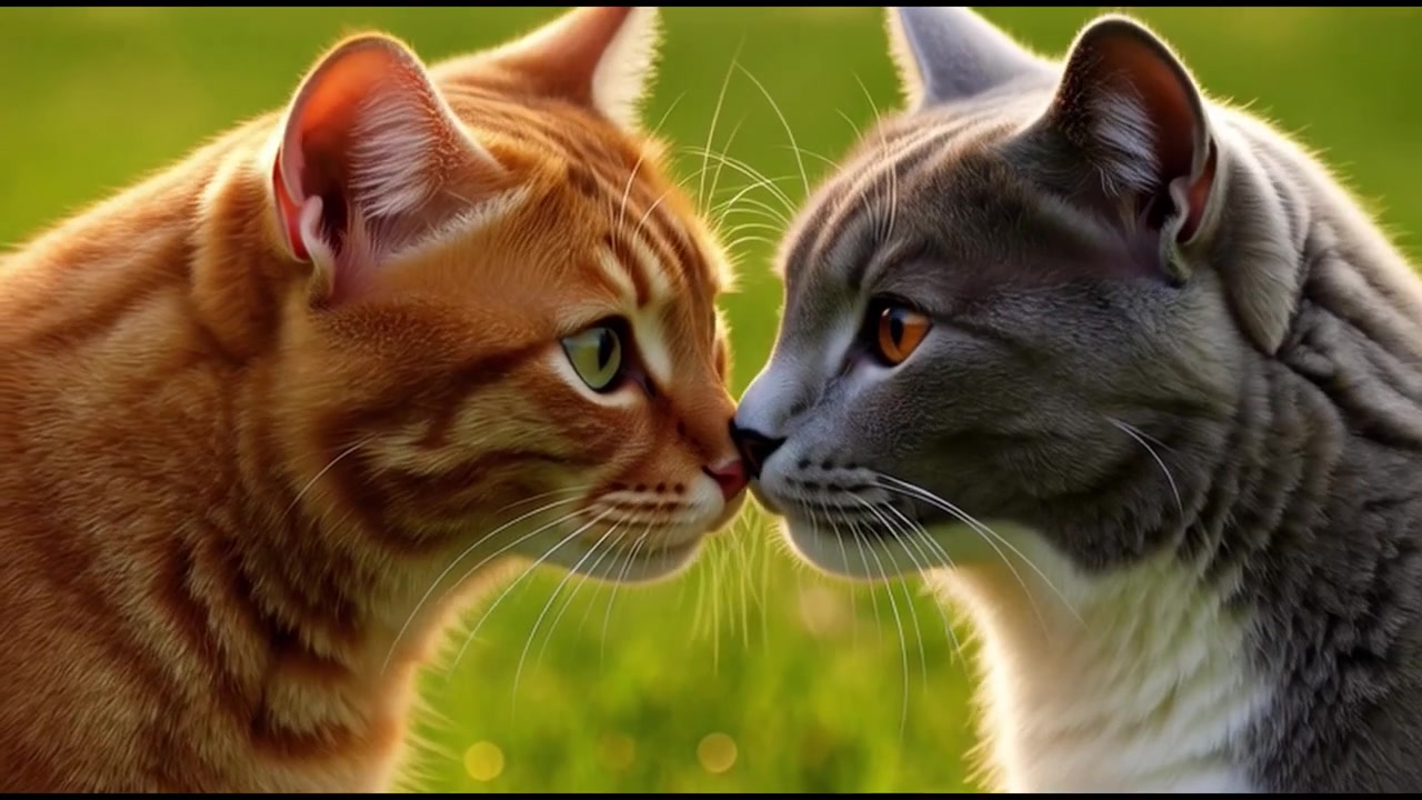 Due gatti che camminano e si toccano il naso in un campo erboso.