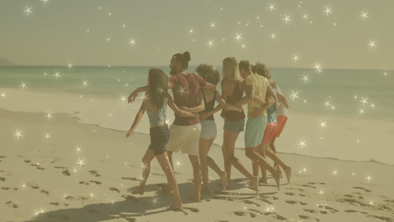 Friends walking on sandy beach, showing floating footprint icons and wave charts for marketing