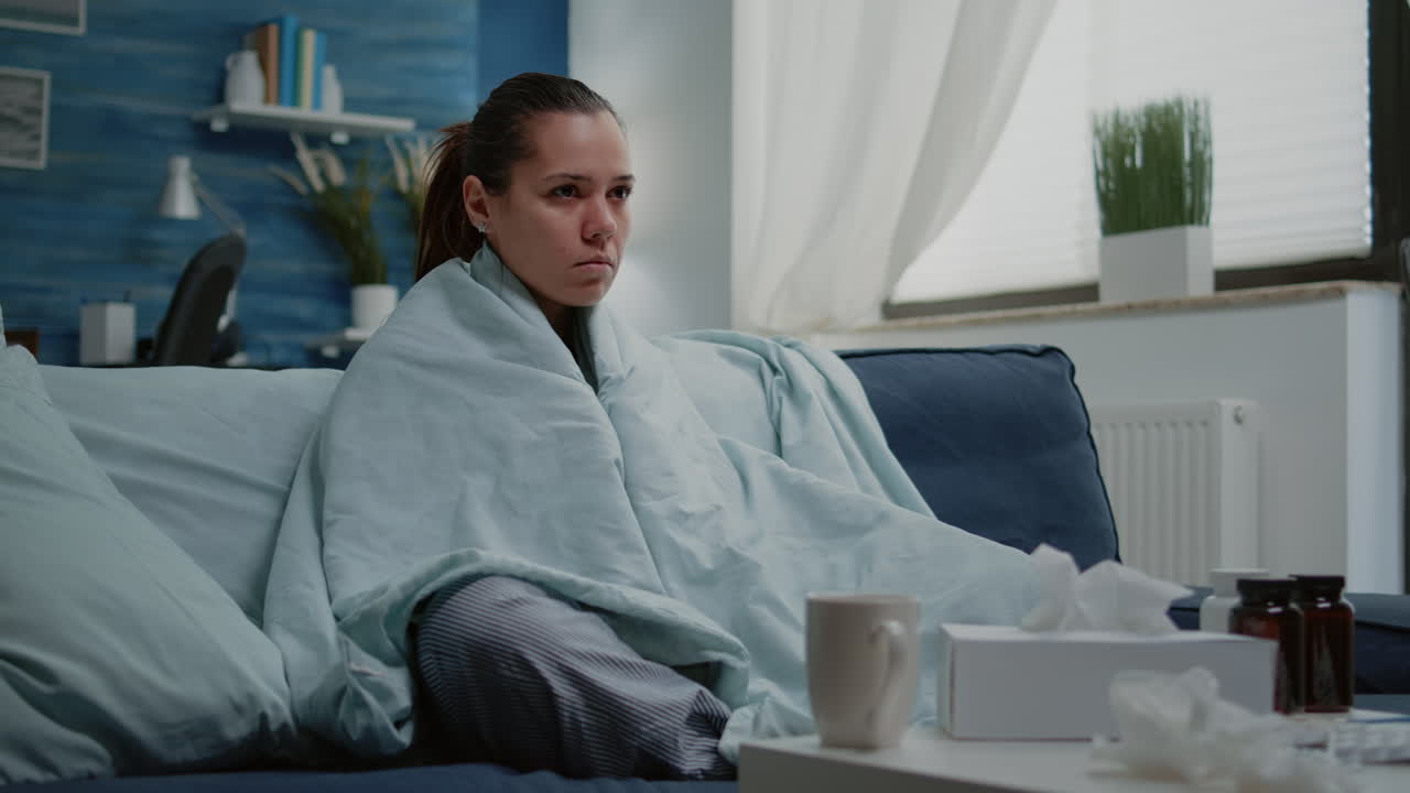 Donna malata con l'influenza stagionale che trema nella coperta a casa