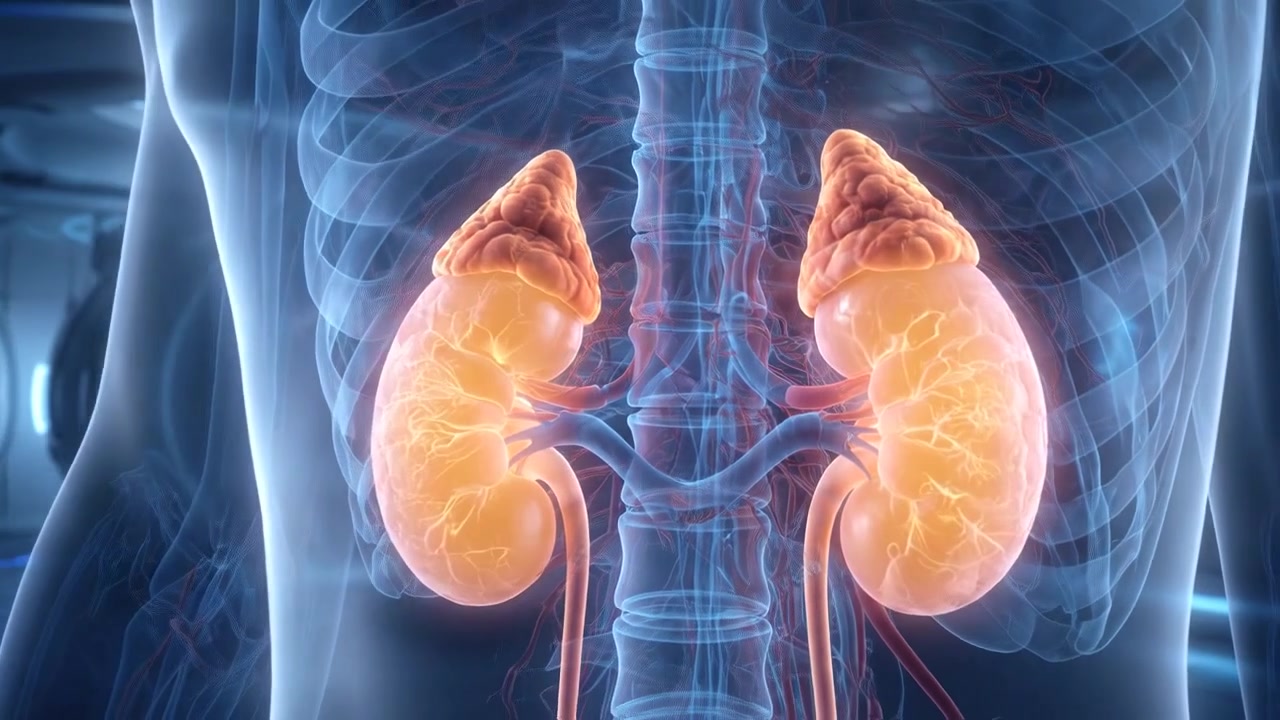 Human kidneys highlighted inside transparent body during digital medical scan visualization