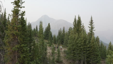 group of hikers approaching large mountain - aerial 4k